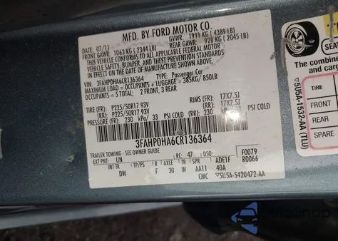 2012 Ford Fusion Se z USA, uszkodzony, nr VIN 3FAHP0HA6CR136364